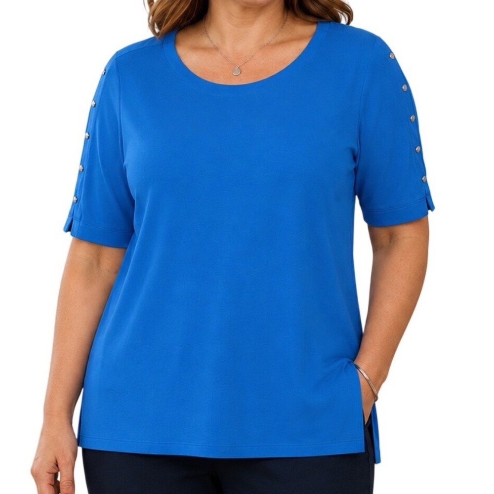 Susan Graver XL Silver Grommet‎ Short Sleeve Accent Top Womens Blue Knit